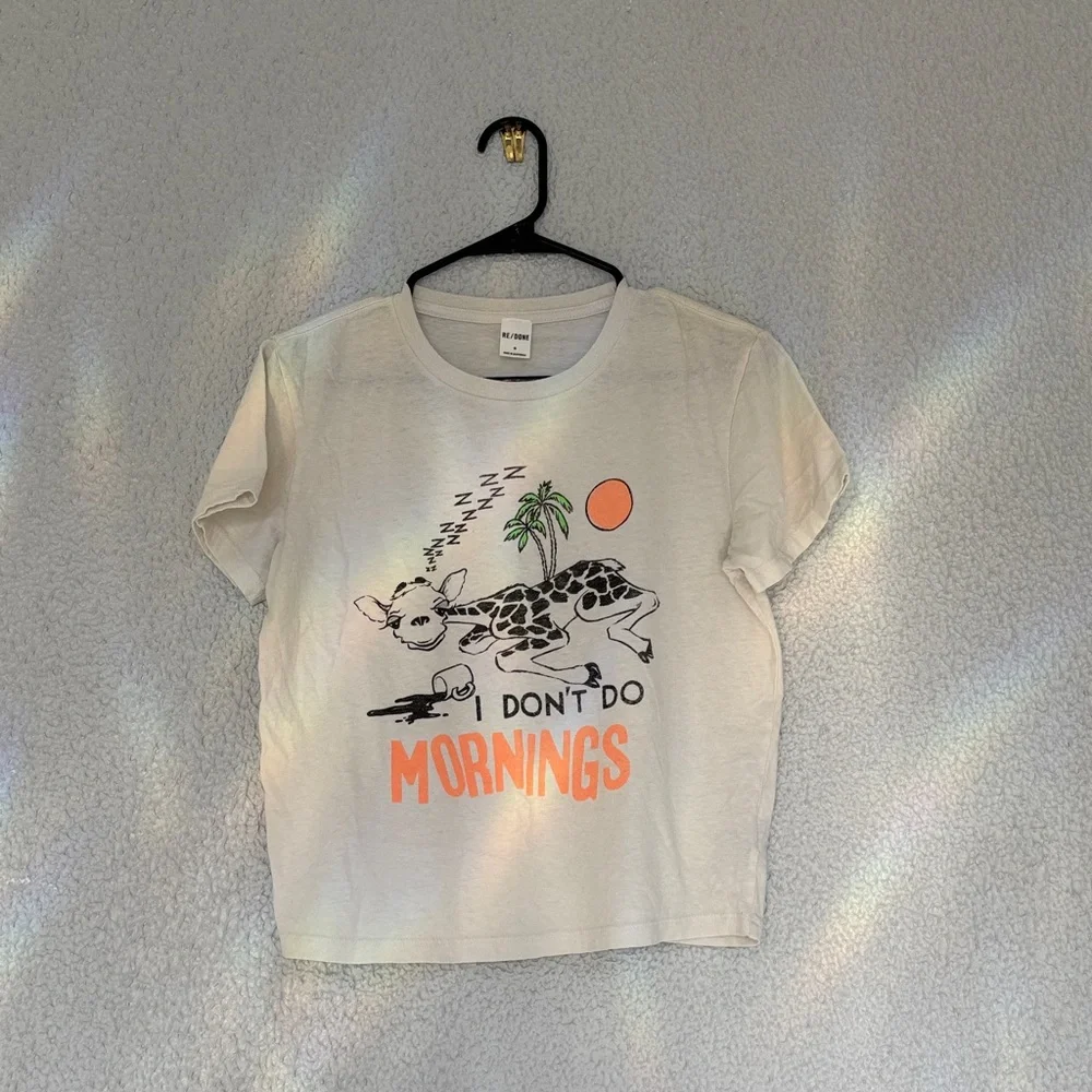 Redone 70s Loose Tee “ I Don’t Do Mornings Graphic - White with Orange Print - Picture 5 of 11